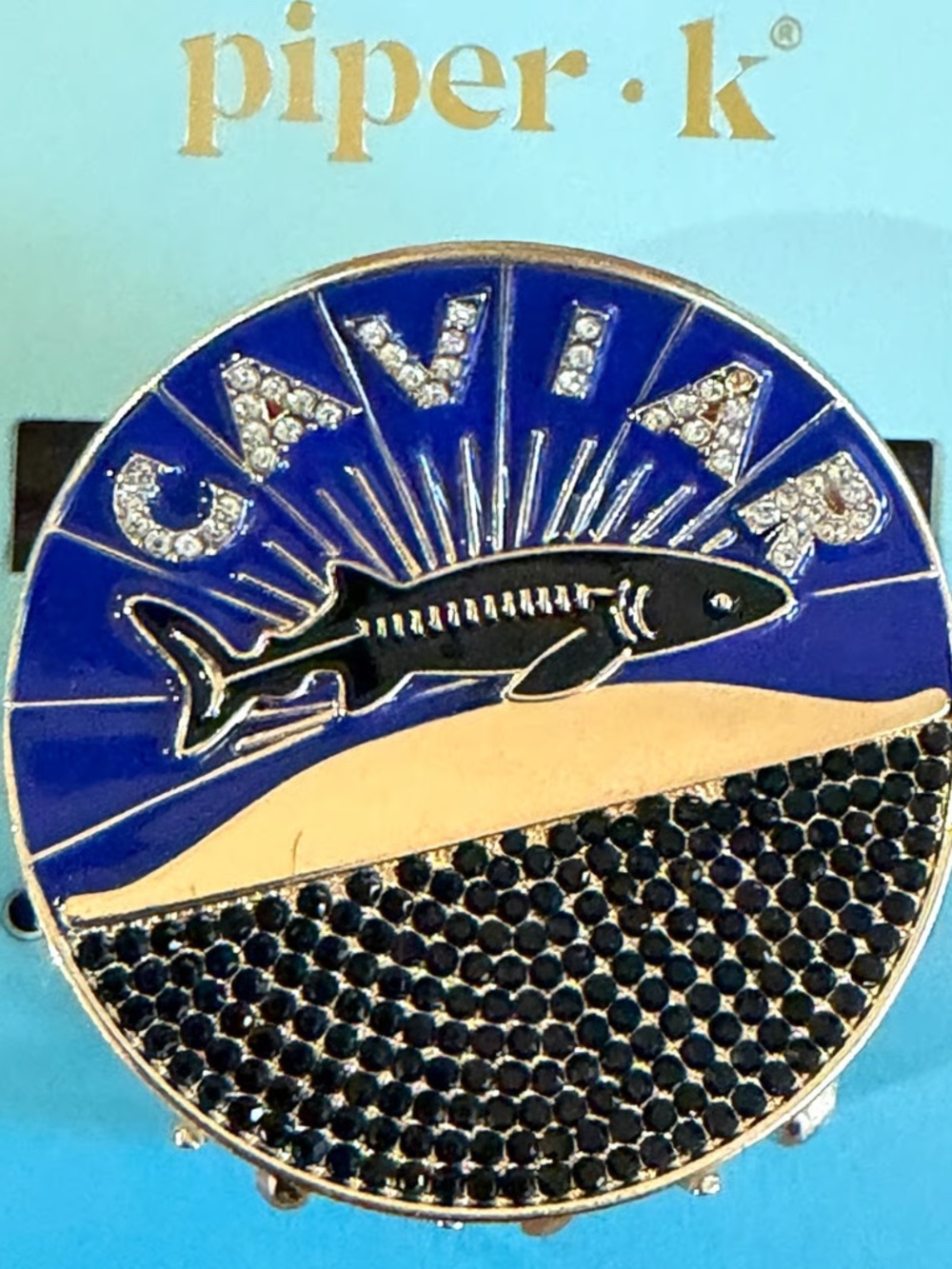 NEW Piper K Caviar Hair Clip Claw Rhinestone Fish Metal Blue Gold Enamel Round